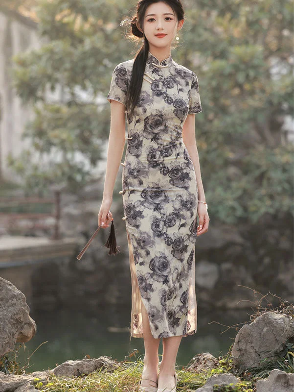 Black Rose Print Tea Qipao Cheongsam Dress