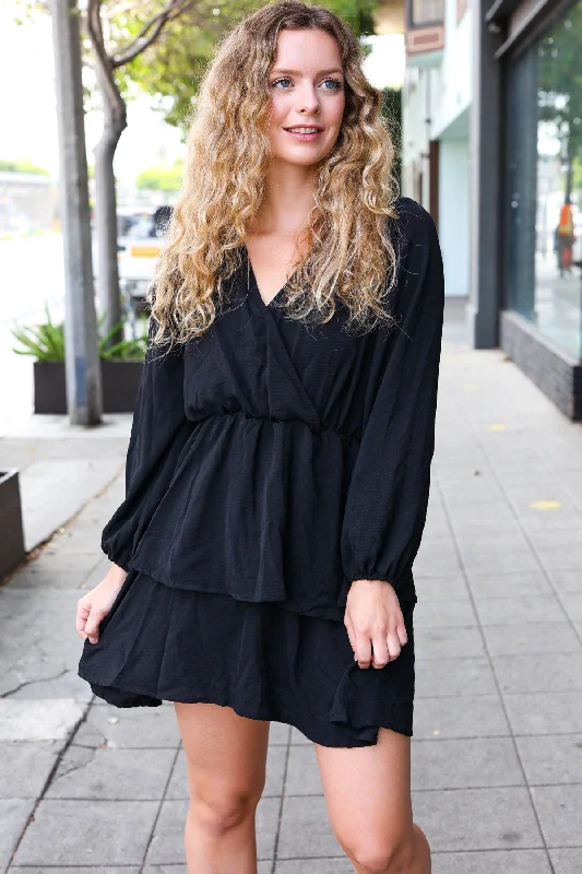 Falling In Love Black Surplice Tiered Woven Dress (Open Pack)