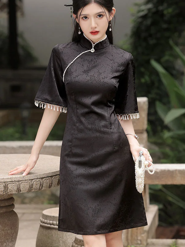 Black White Jacquard Bell Sleeve Cheongsam Qipao Dress