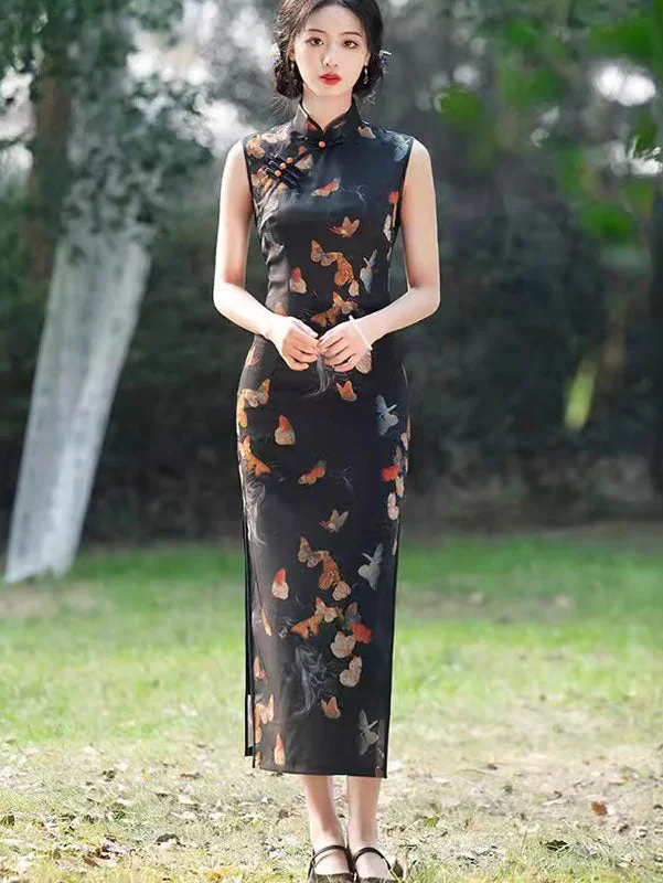 Black Butterfly Print Qipao Cheongsam Dress