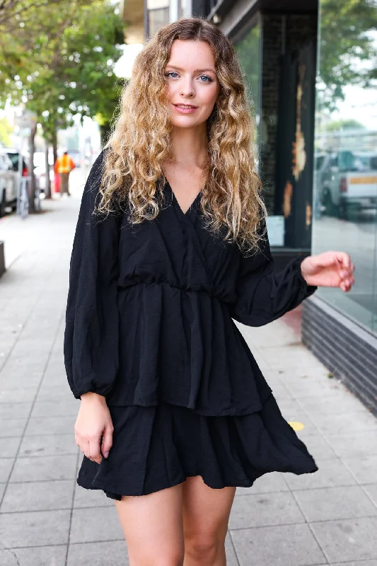 Black Woven Surplice Dress