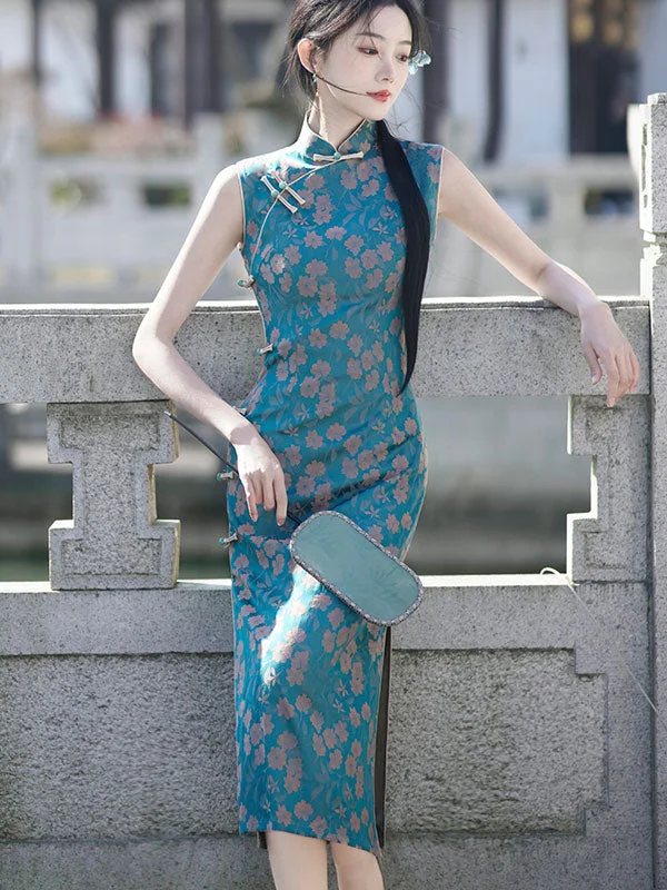 Blue Floral Sleeveless Cheongsam Qipao Dress