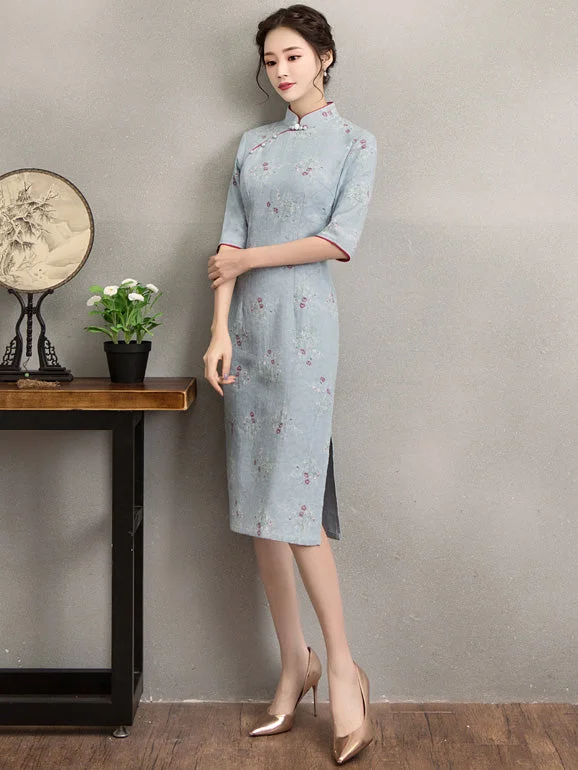 Blue Jacquard Linen Qipao / Cheongsam Dress