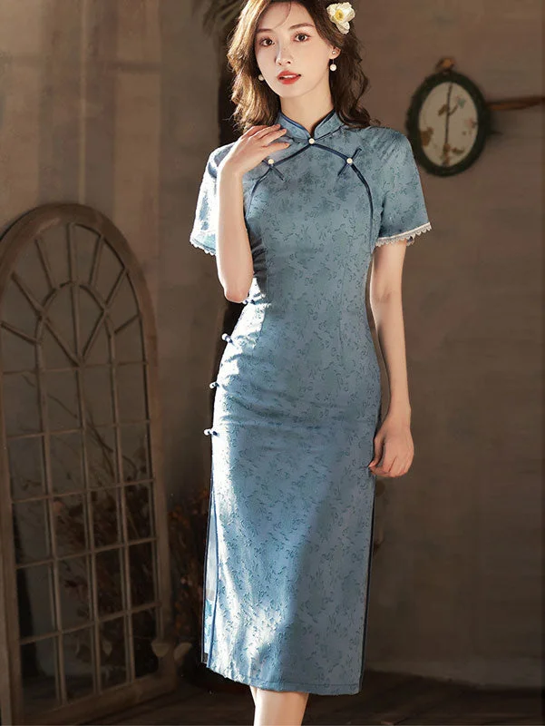 Blue Jacquard Mid Qi Pao Cheongsam Dress