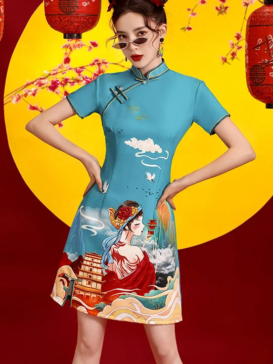 Blue Black Peking Opera Print Qipao Cheongsam Dress