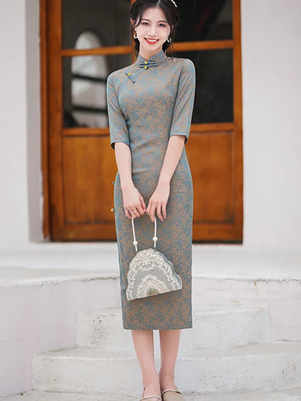 Blue Pink Jacquard Mid Tea Cheongsam Qipao Dress