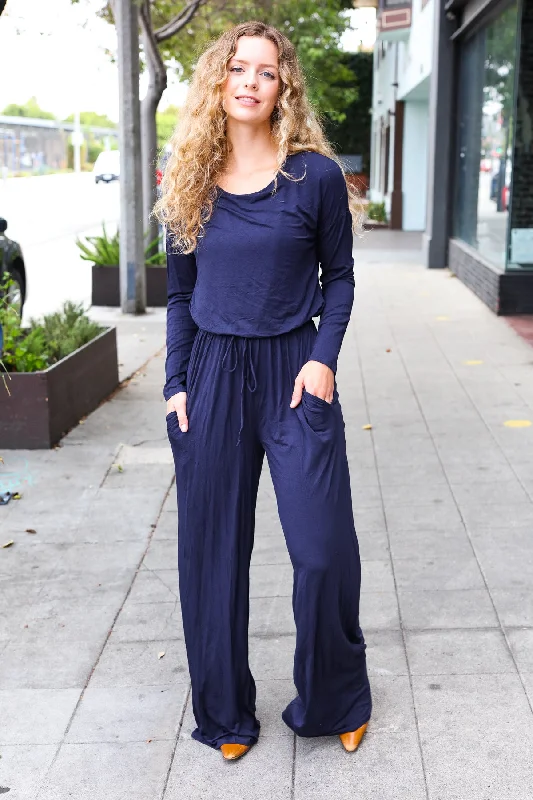 Navy Solid Pocketed Jumpsuit