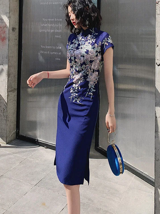 Blue White Appliques Short Cheongsam Qipao Dress