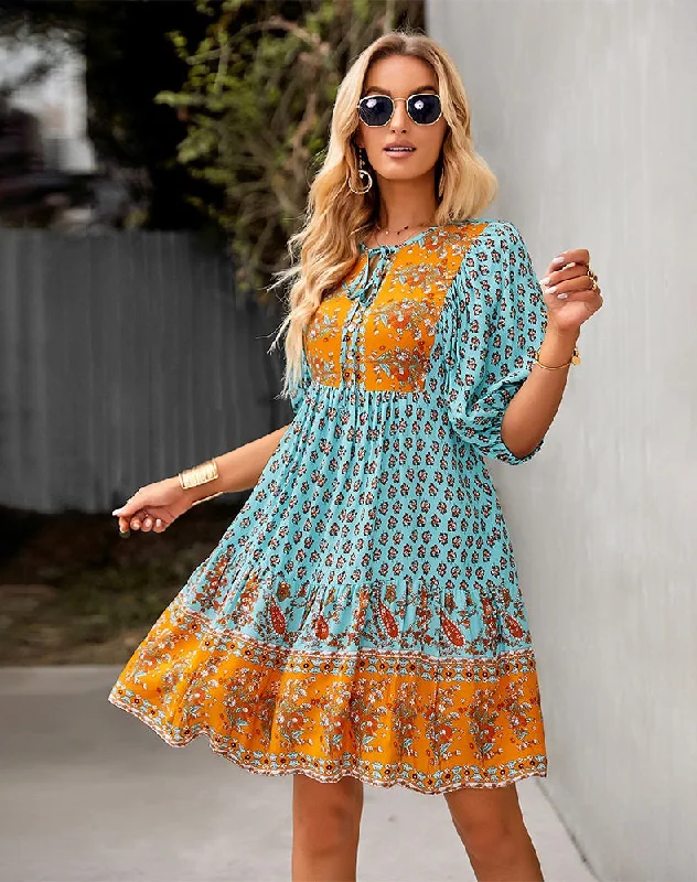 Bohemian Dream Turquoise Floral Print Tie Neck Puffed Sleeve Dress