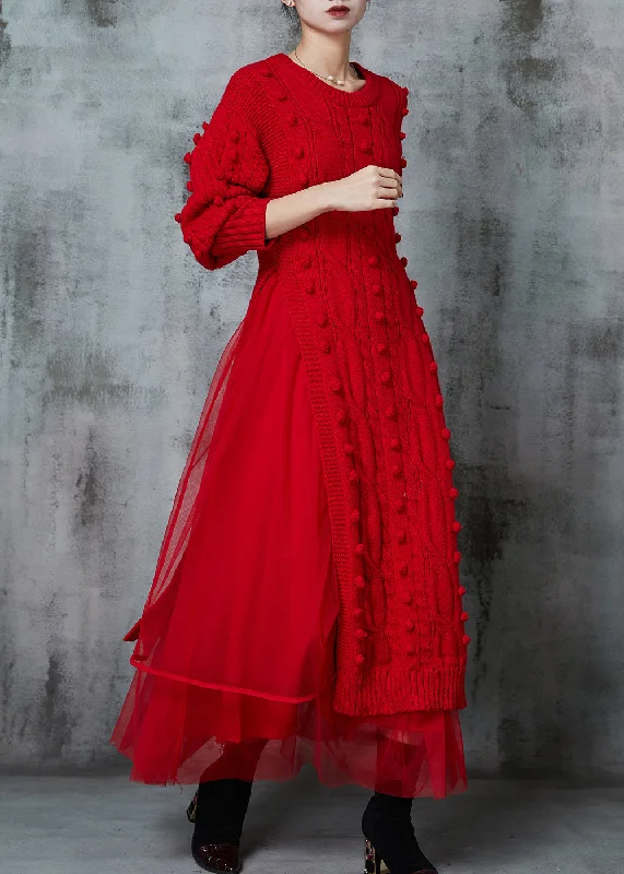 Bohemian Red Fuzzy Ball Decorated Knit Dress Two Piece Suit Set Spring