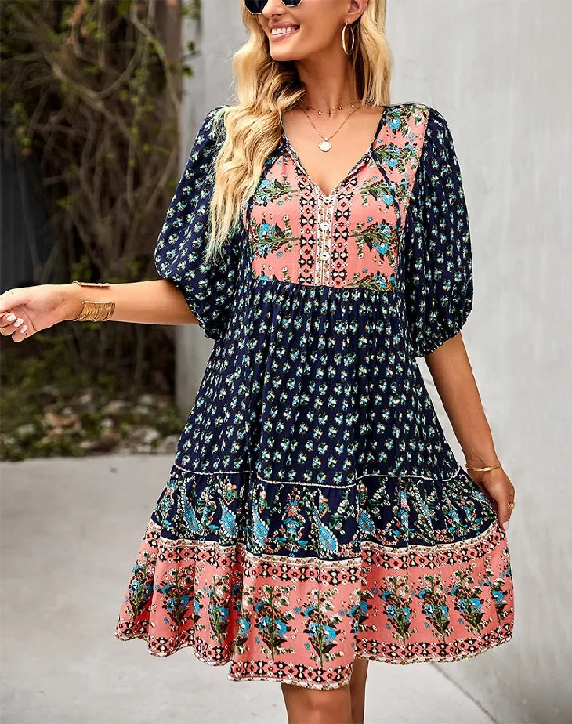 Boho Dark Navy Peach Floral Print Puffed Sleeve Dress (Size S to XL)