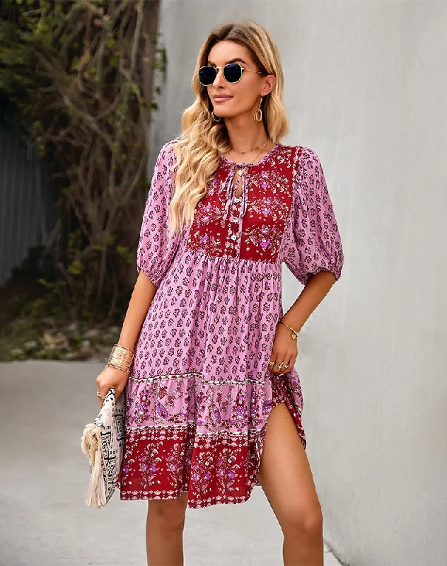 Boho Red Fuchsia Floral Puffed Sleeve Dress (Size S to XL)