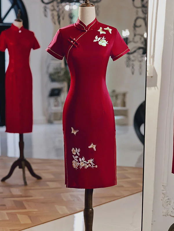 Red Embroidered Floral Mid Qipao Cheongsam Dress