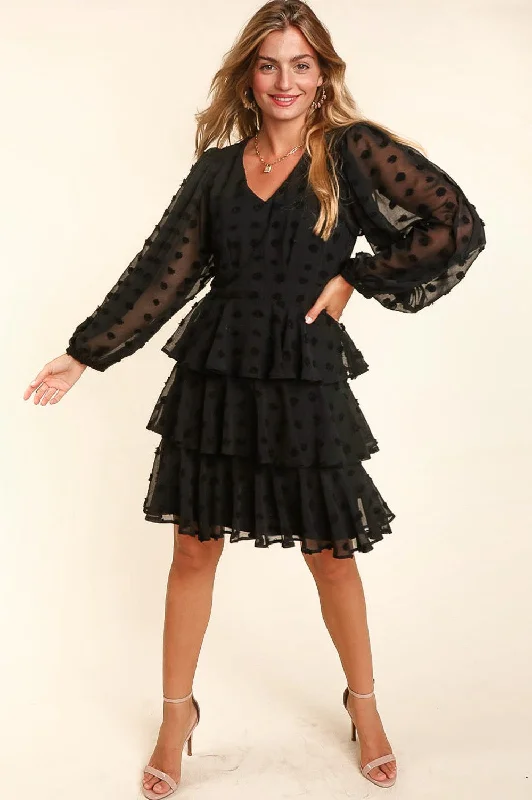 BUBBLE LONG SLEEVE TIERED FIT AND FLARE WOVEN