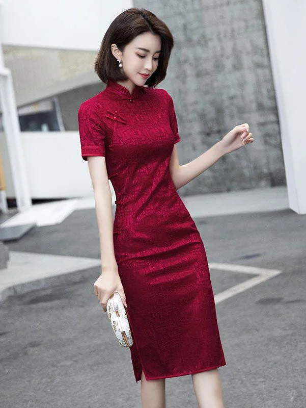 Burgundy Lace Mid Modern Qipao Cheongsam Dress