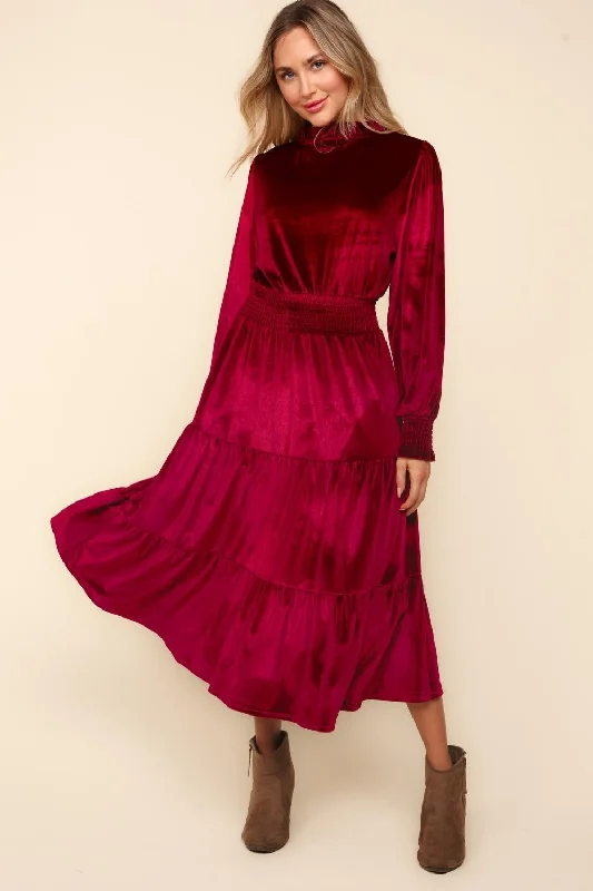 BURGUNDY MOCK NECK SMOCKED WAIST BABYDOLL VELVET DRESS