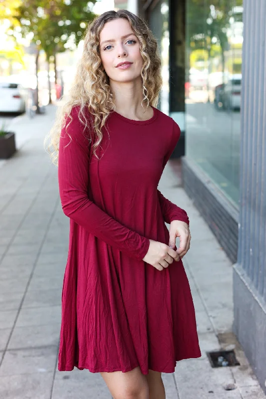 Burgundy Solid Pocketed Dress