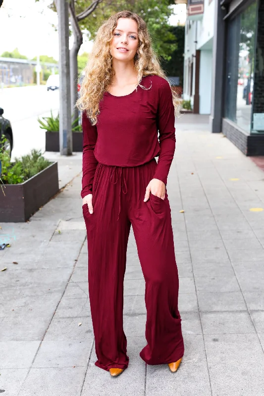 Burgundy Solid Pocketed Jumpsuit