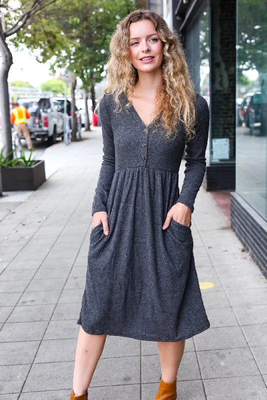 Charcoal Brushed Ribbed Button Dress