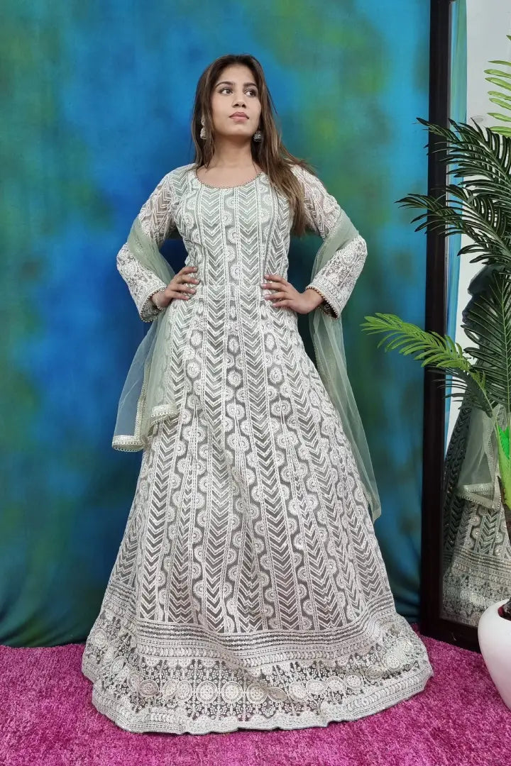 Chikan ThreadWork Anarkali Dress in Pista Green