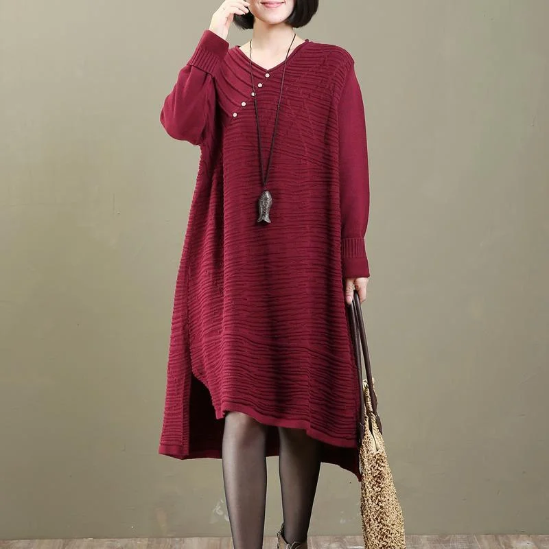 Chunky Red Buttons Dotted Knit Dress Oversized Pullover Vintage Long Sweaters