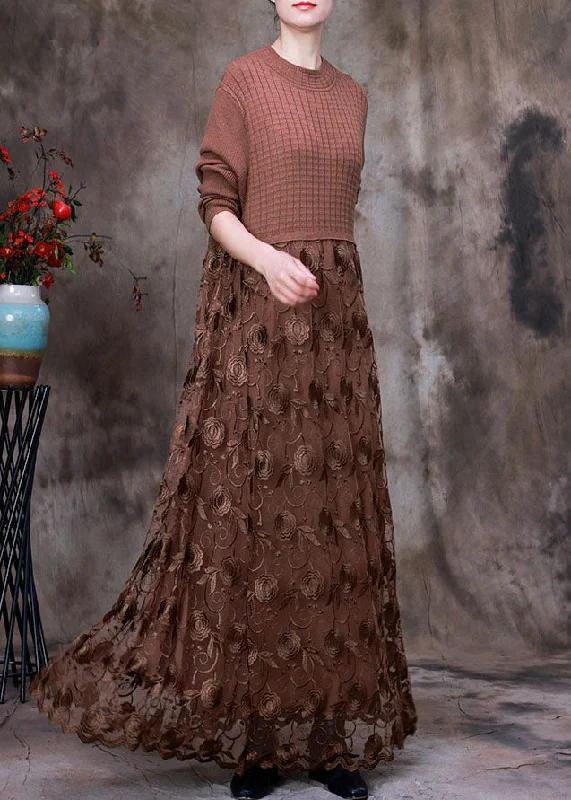 Coffee Patchwork Knit Long Knit Dress Asymmetrical Winter