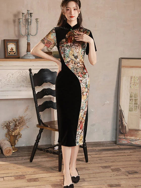 Color-block Floral Velvet Mid Cheongsam Qi Pao Dress