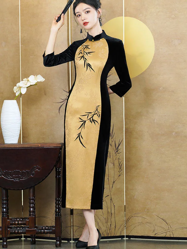 Color Block Jacquard Velvet Winter Cheongsam Qipao Dress