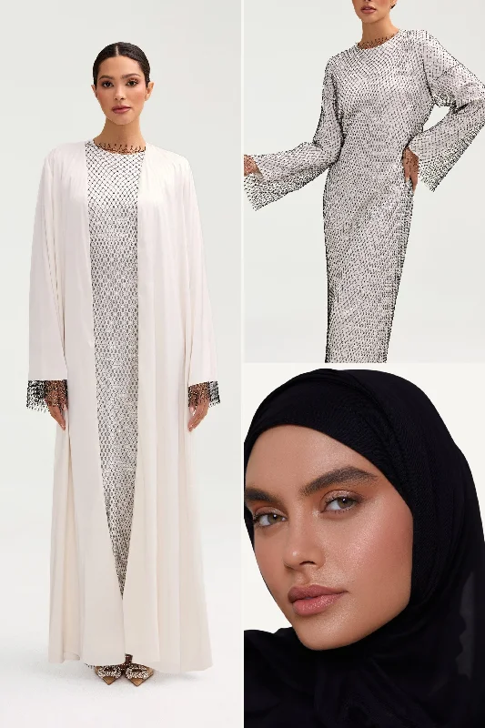 Crystal Satin Abaya & Dress Set & Matching Hijab in White Bundle Set