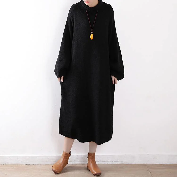 Cute Sweater weather Vintage o neck pockets black oversized knit dress