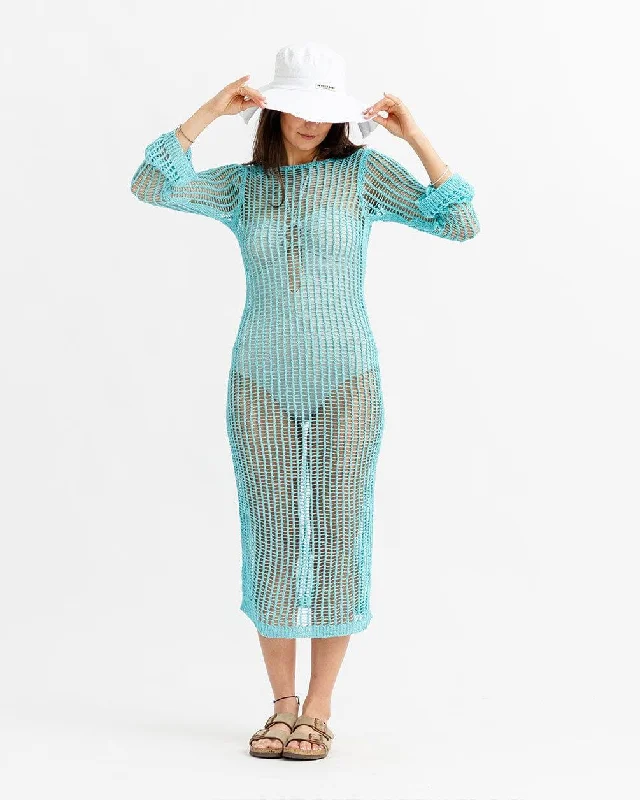 Cyan Knitted Fishnet Dress