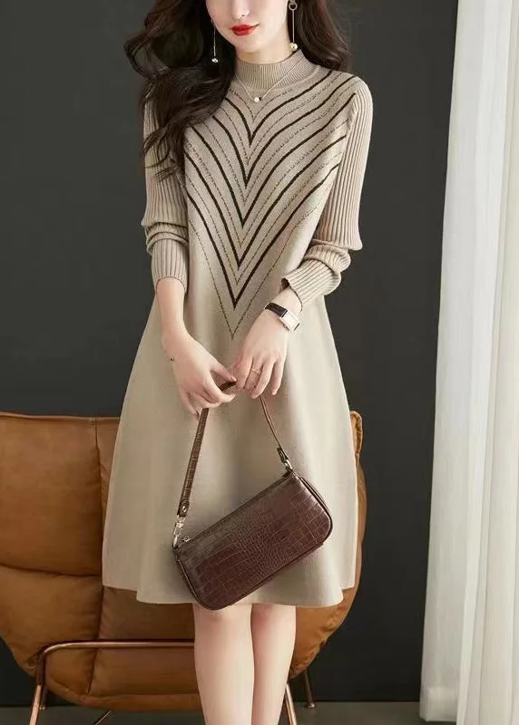 Elegant Apricot O Neck Print Zircon Patchwork Knit Dress Fall