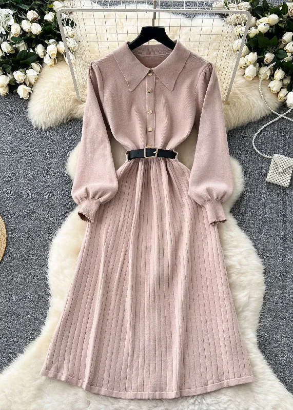 Elegant Light Purple Peter Pan Button Collar Knit Dress Winter