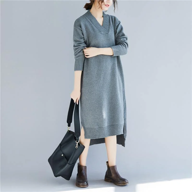 Fashion Sweater Outfits V Neck Gray Funny Knit Dresses