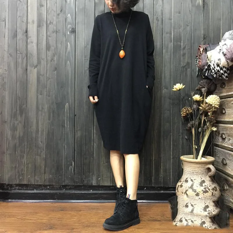 Fine black knit dresses oversize loose waist sweater New high neck winter dress