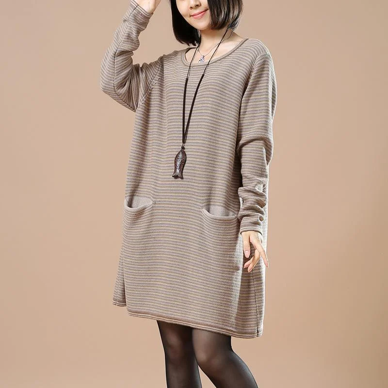 Fine khaki stripe knit dress oversize long sweaters boutique  sweaters split pockets