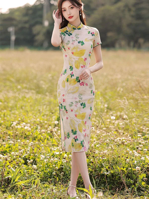 Floral Linen Mid Tea Cheongsam Qipao Dress