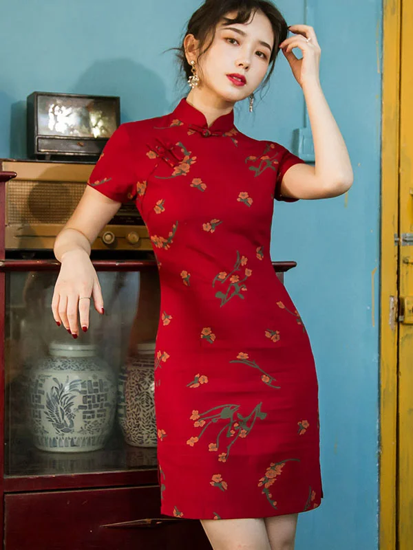 Floral Linen Modern Cheongsam / Chinese Qipao Dress