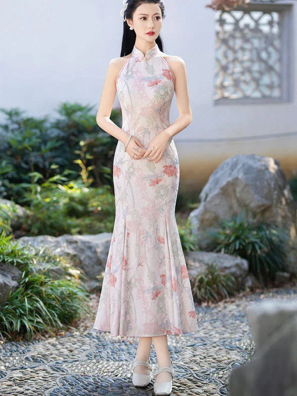 Floral Print Halter Fishtail Qipao Cheongsam Dress