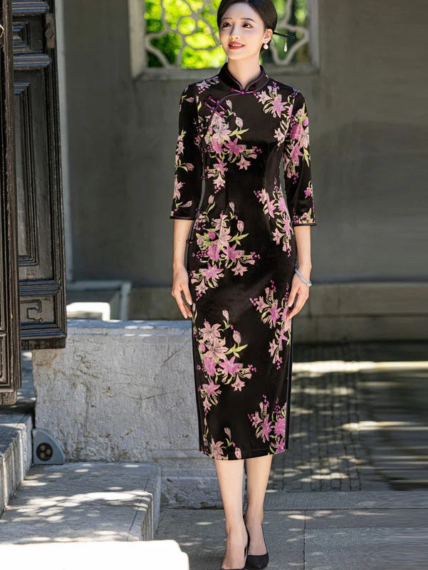 Floral Print Velvet Mothers Winter Cheongsam Qipao Dress