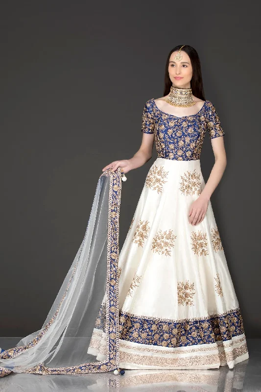 Royal Blue And White Silk Anarkali With Gold Zari Embriodery