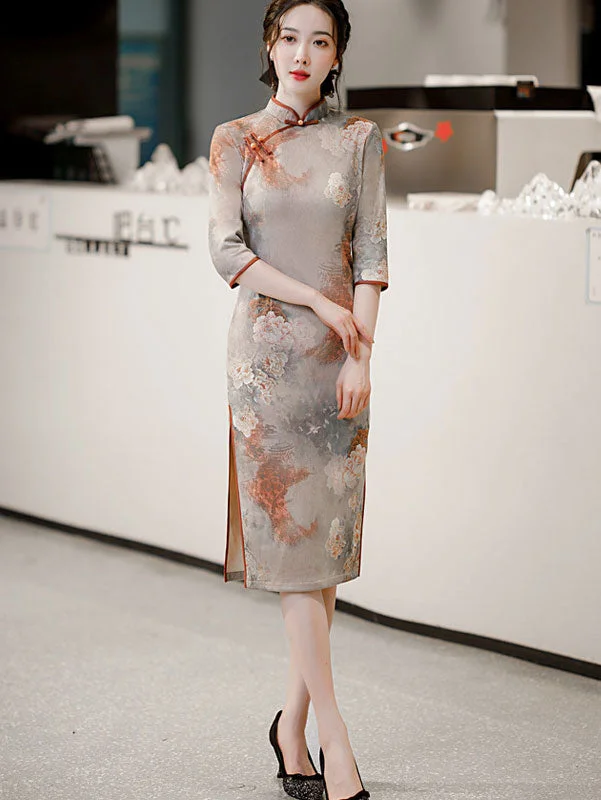 Gray Floral Mothers Winter Qi Pao Cheongsam Qipao Dress