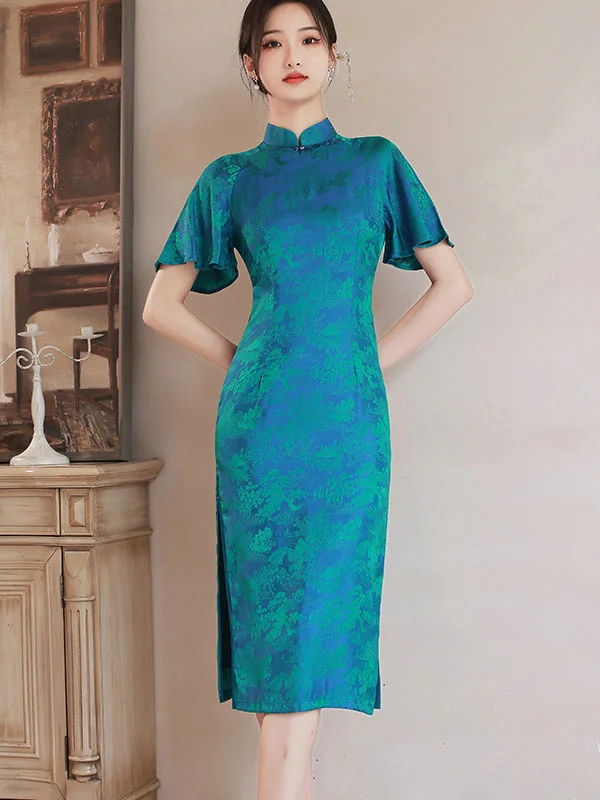 Green Chinese Painting Print Cheongsam Qipao Dress