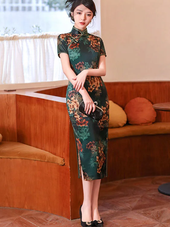 Green Floral Mothers Mid Qi Pao Cheongsam Dress