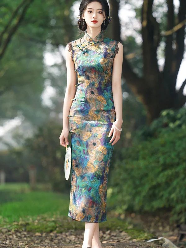 Green Floral Print Cheongsam Qipao Dress