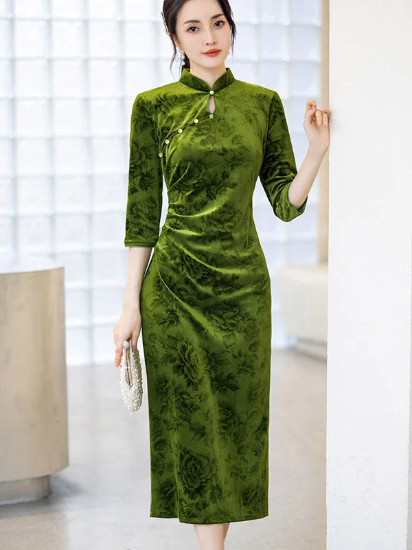 Green Floral Velvet Winter Cheongsam Qipao Dress