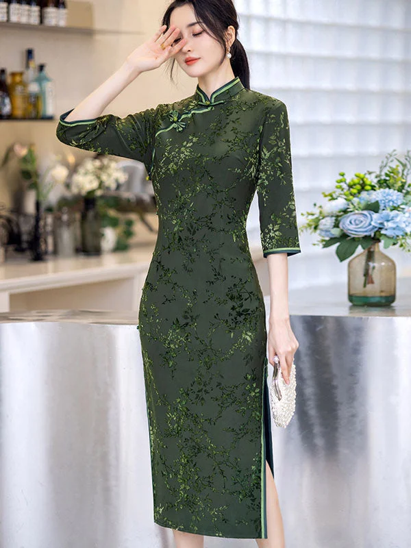 Green Jacquard Floral Winter Cheongsam Qipao Dress