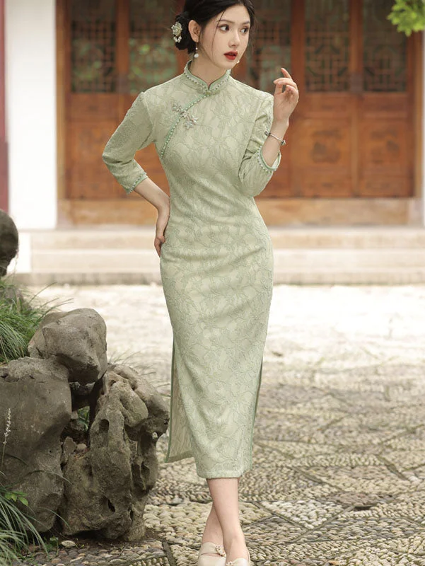 Green Floral Lace Mid Qi Pao Cheongsam Dress