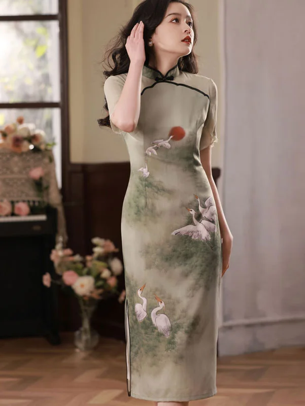 Green Summer Chinese Painting Print Mid Cheongsam Qipao Dress