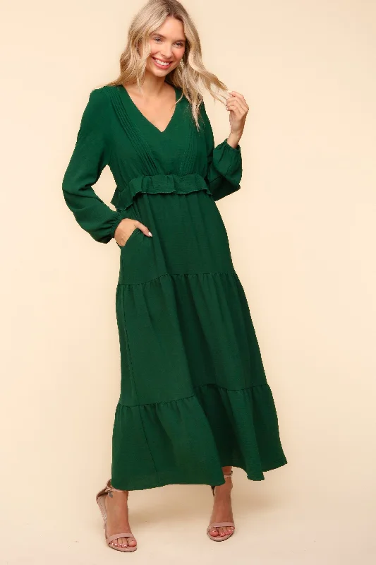 Green V Neck Pintuck Detail Solid Woven Dress